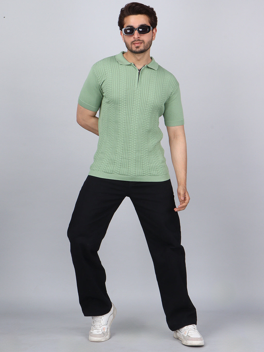 FEVERFEW Men Self Design Polo Neck Pure Cotton T-Shirt