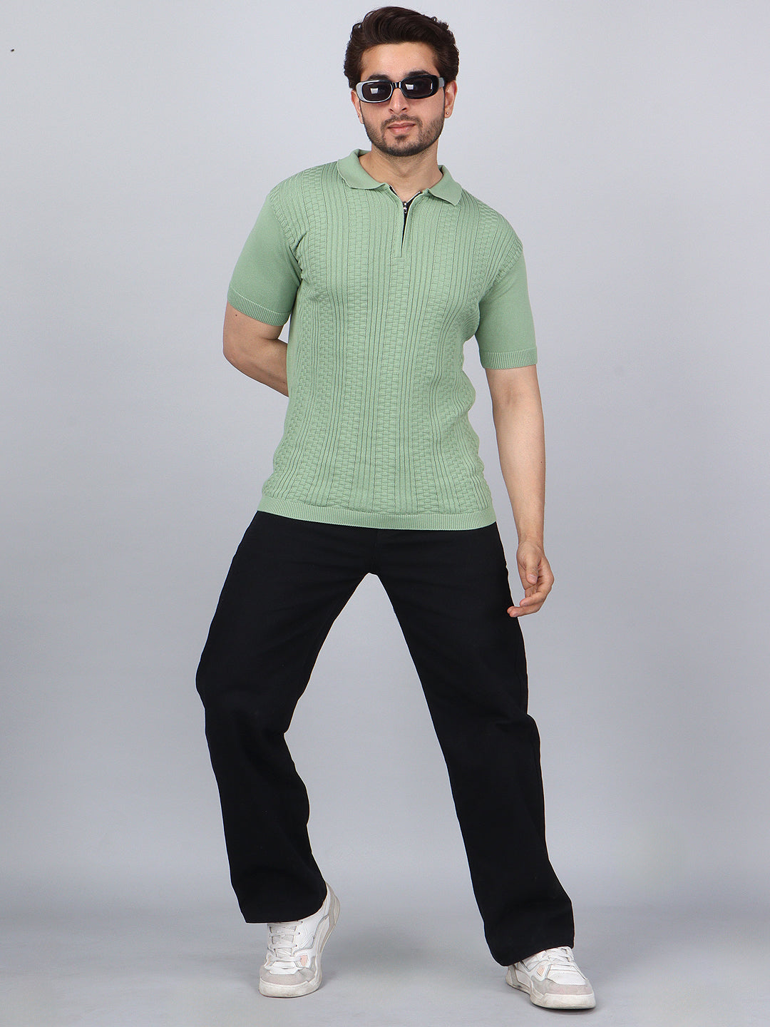 FEVERFEW Men Self Design Polo Neck Pure Cotton T-Shirt