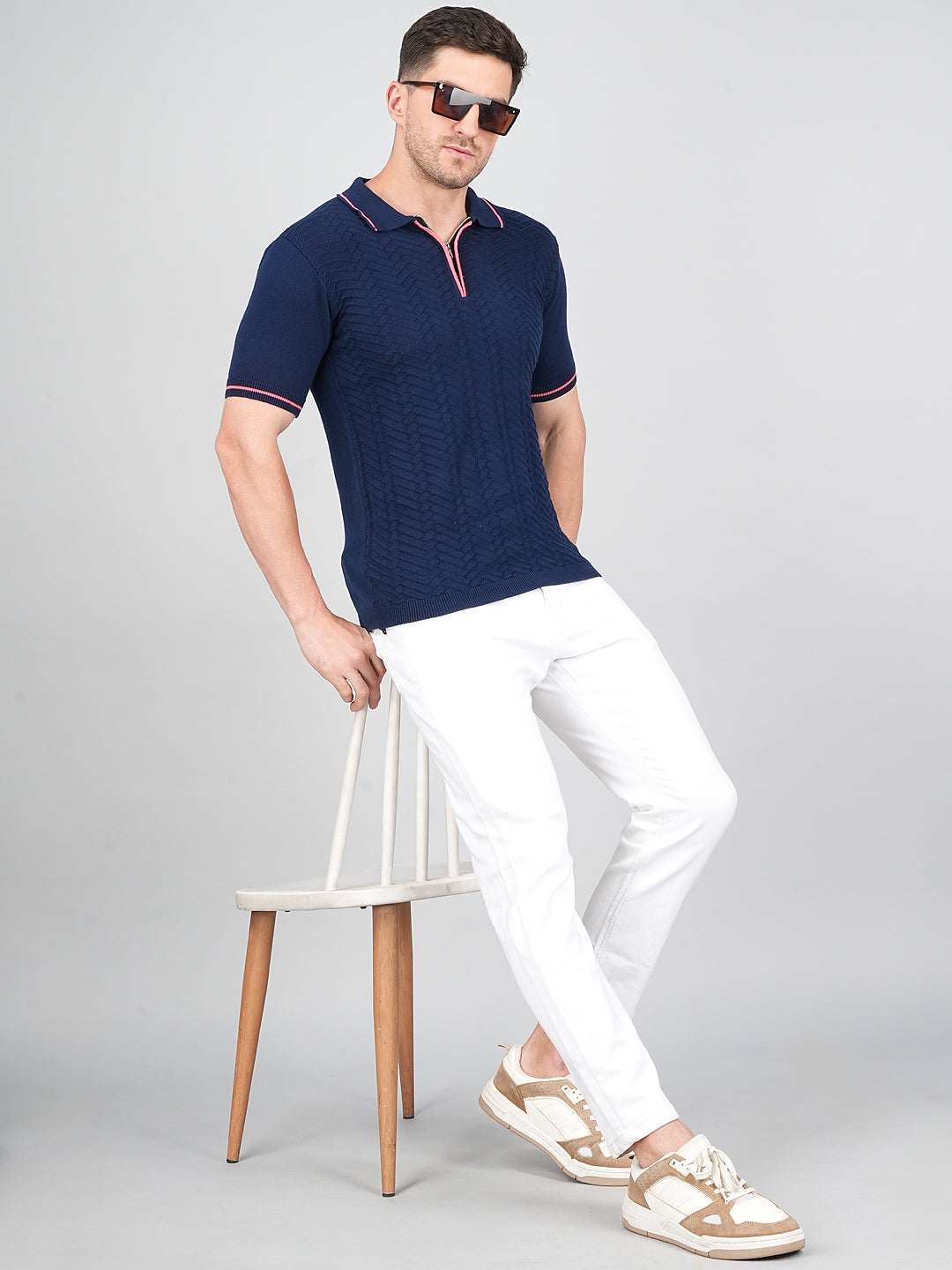FEVERFEW Men Self Design Polo Neck Pure Cotton T-Shirt