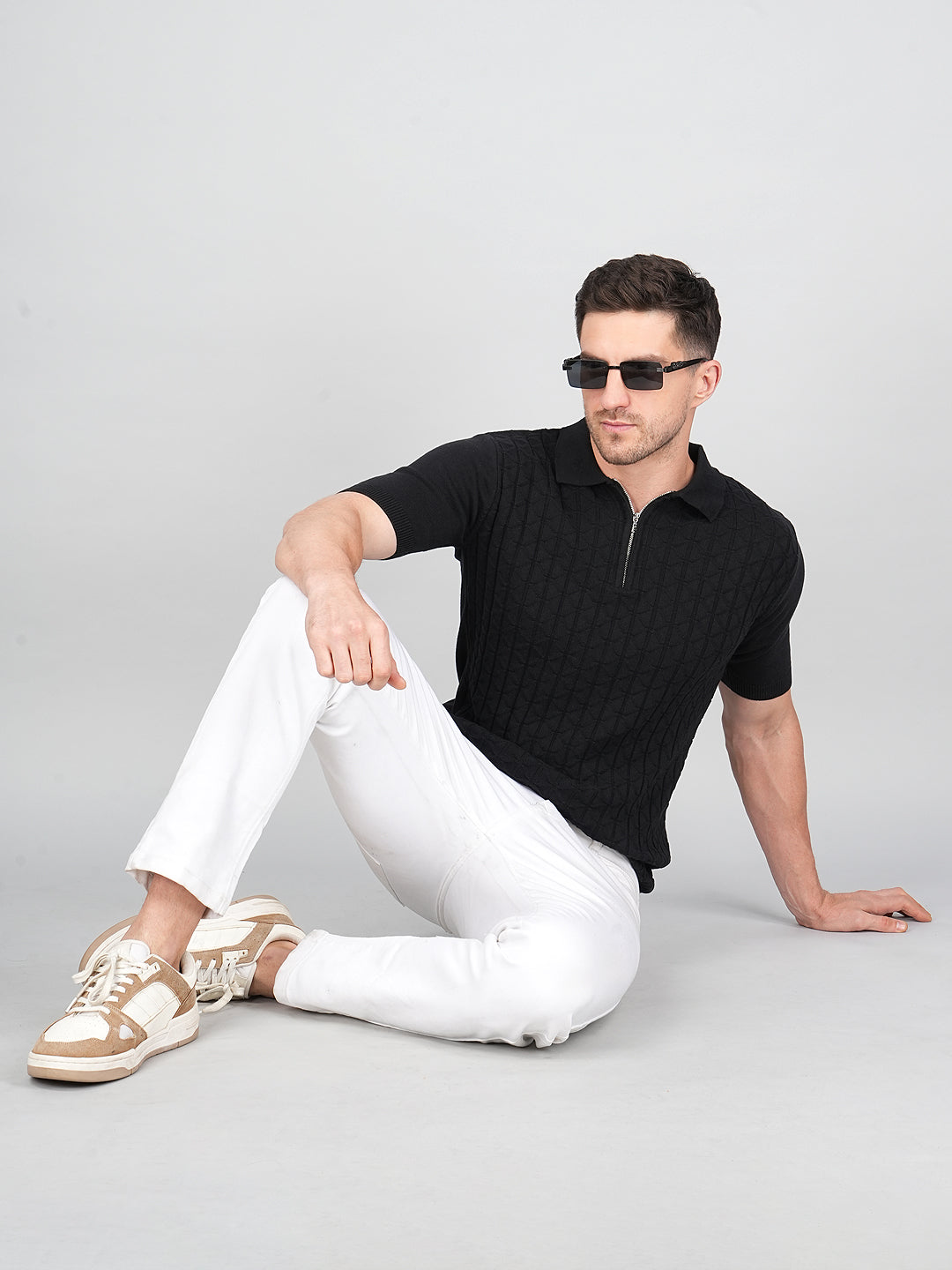FEVERFEW Men Self Design Polo Neck Pure Cotton T-Shirt