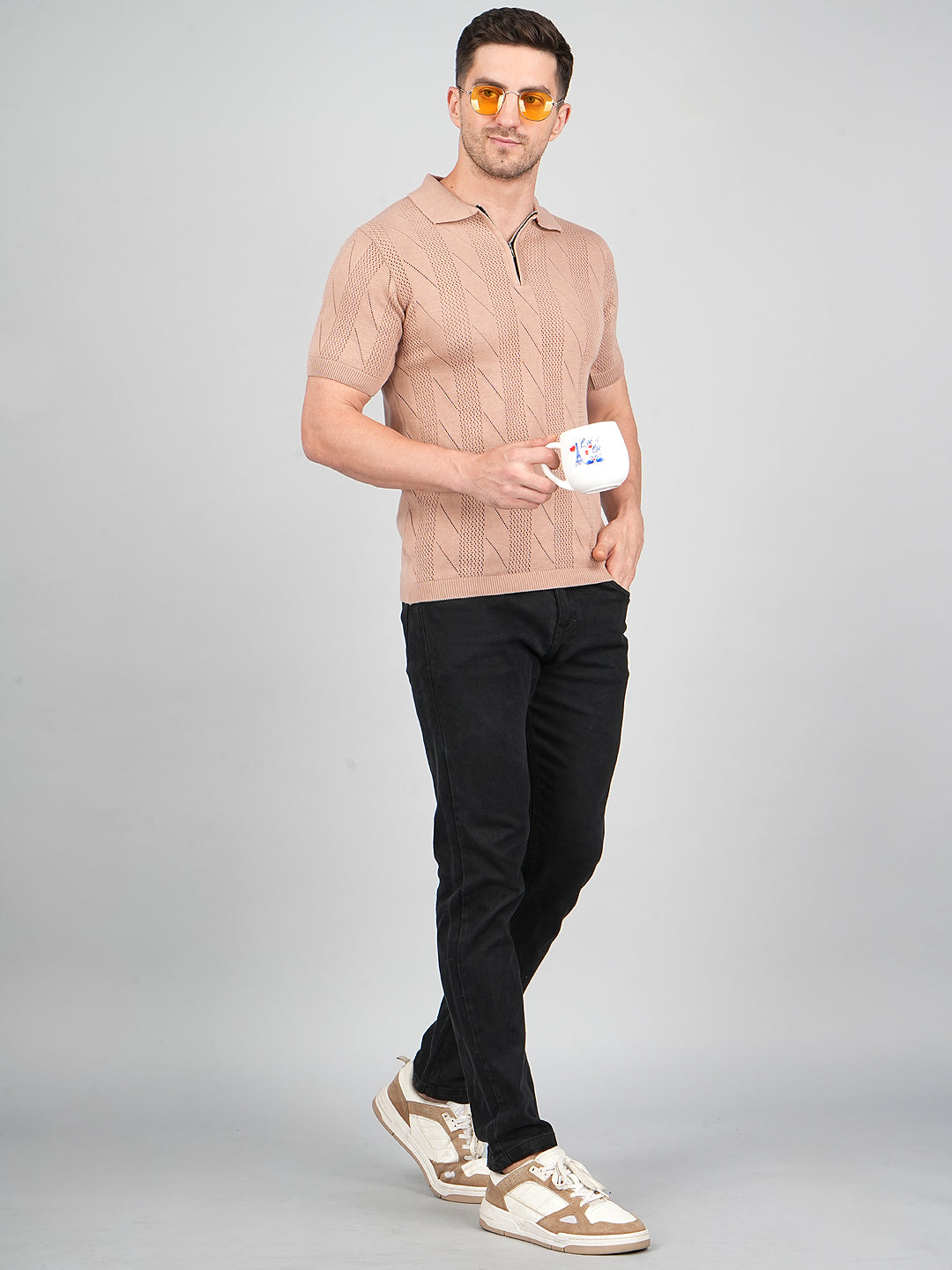 FEVERFEW Men Self Design Polo Neck Pure Cotton T-Shirt