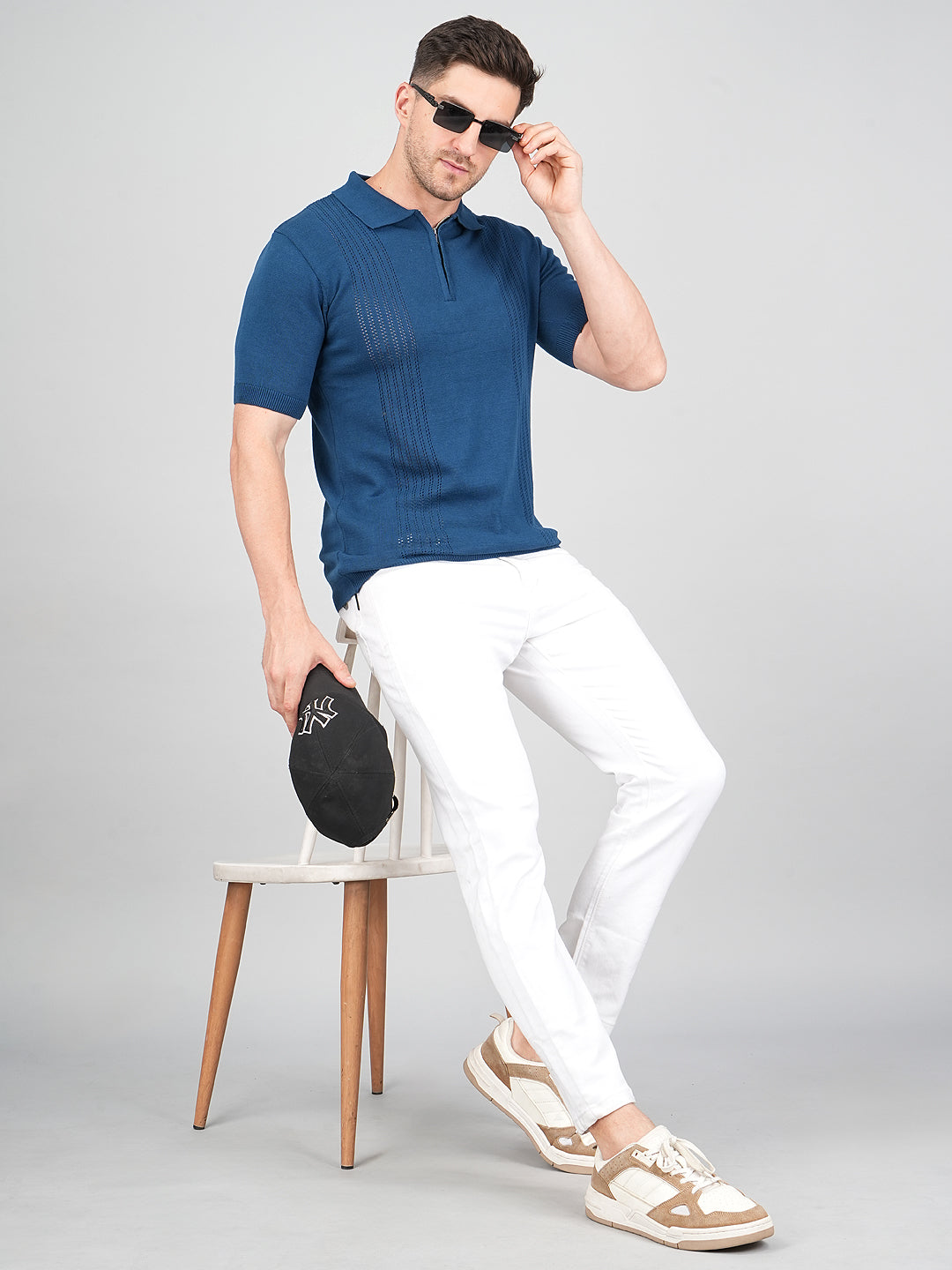 FEVERFEW Men Self Design Polo Neck Pure Cotton T-Shirt