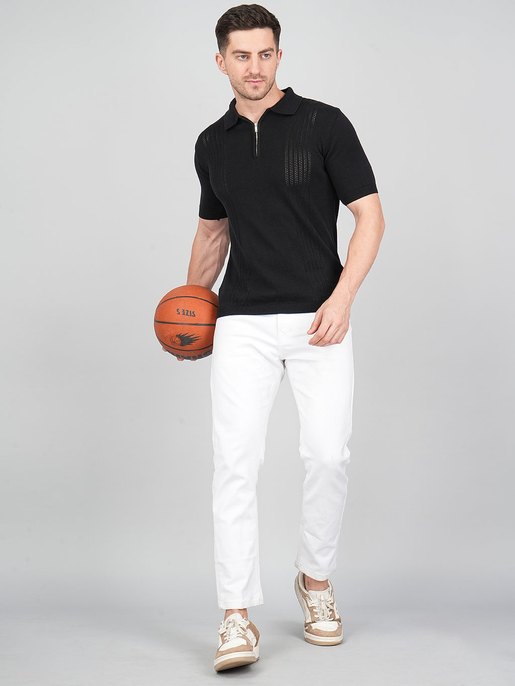 FEVERFEW Men Self Design Polo Neck Pure Cotton T-Shirt
