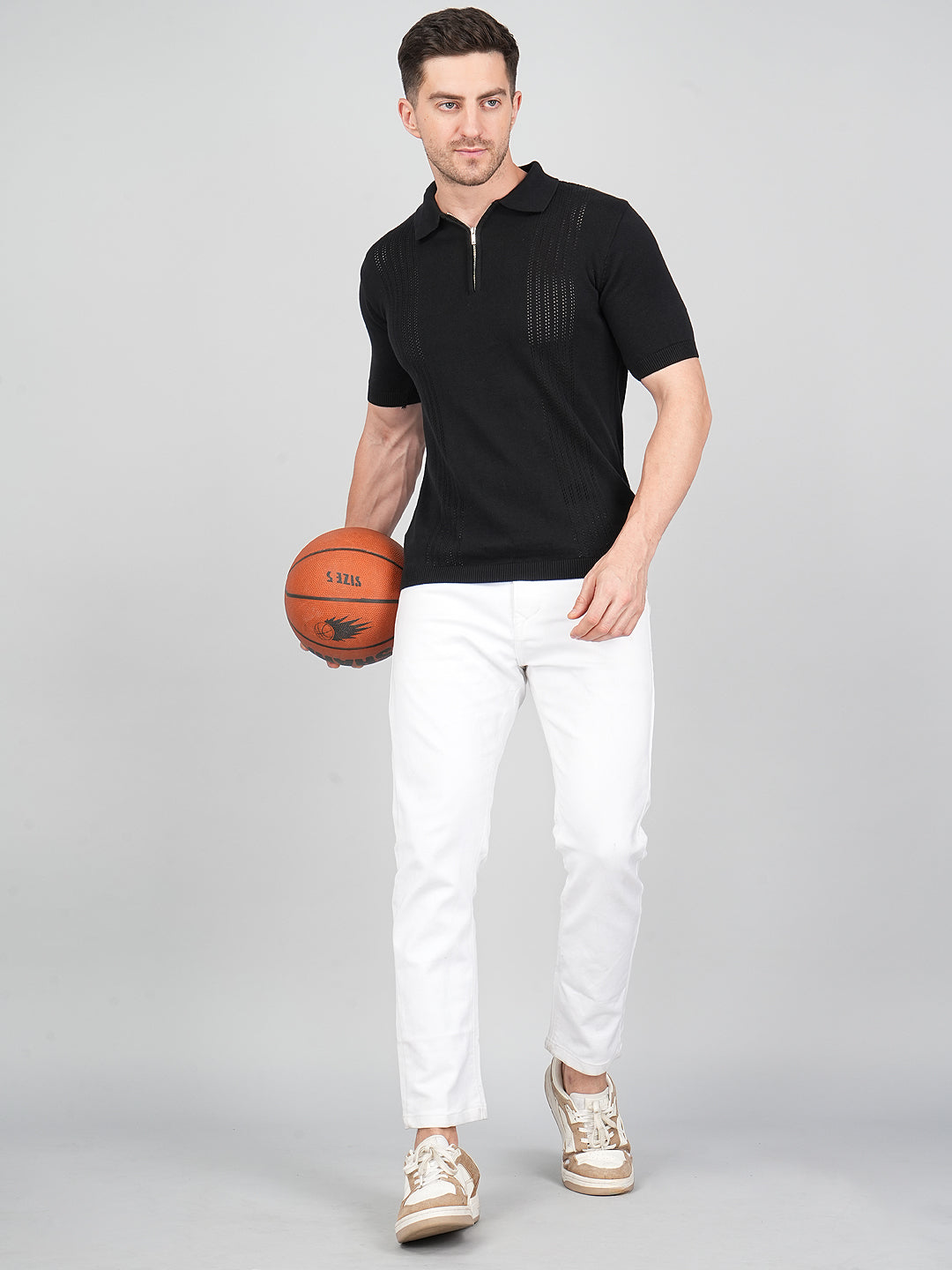 FEVERFEW Men Self Design Polo Neck Pure Cotton T-Shirt