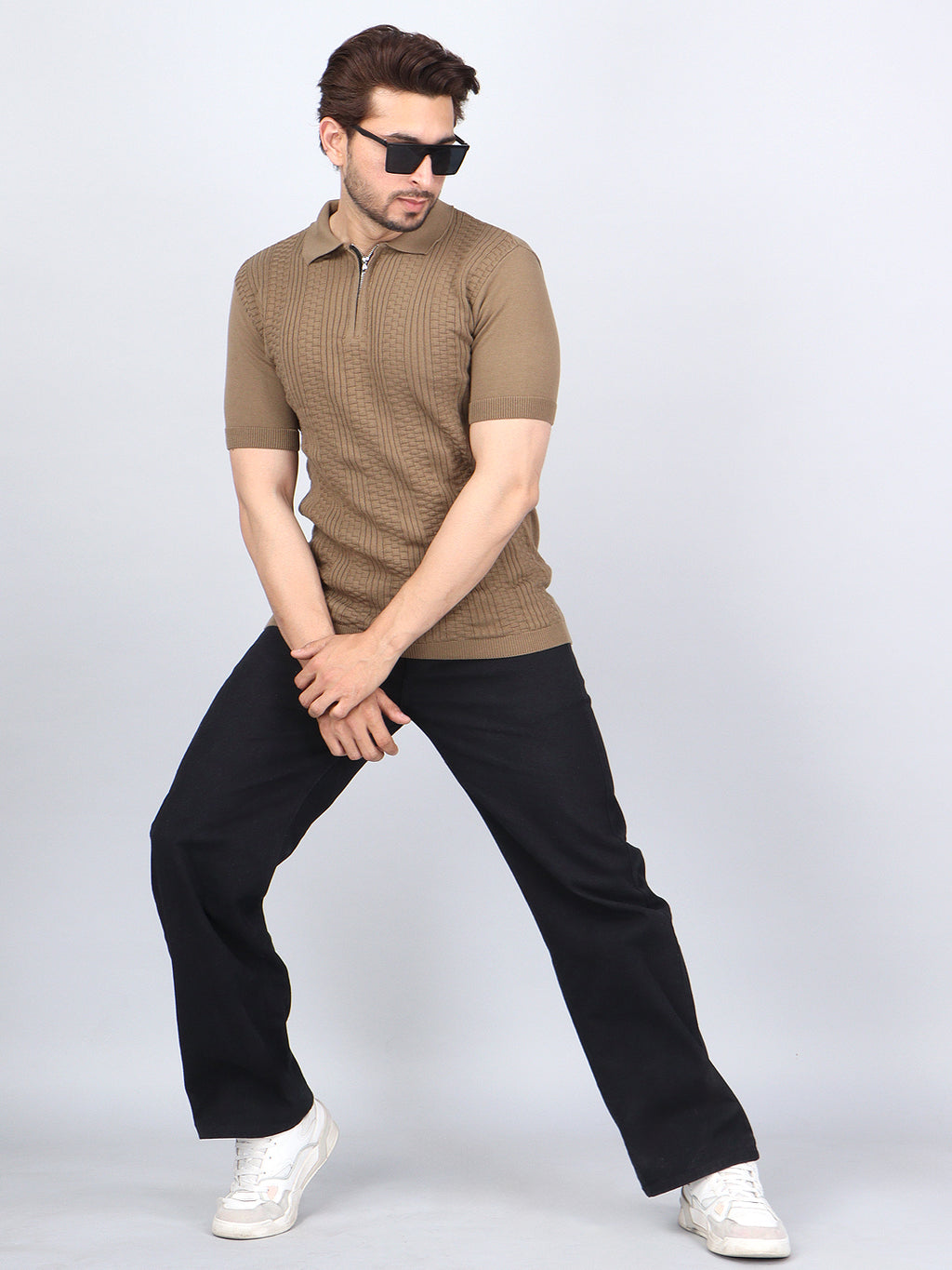 FEVERFEW Men Self Design Polo Neck Pure Cotton T-Shirt