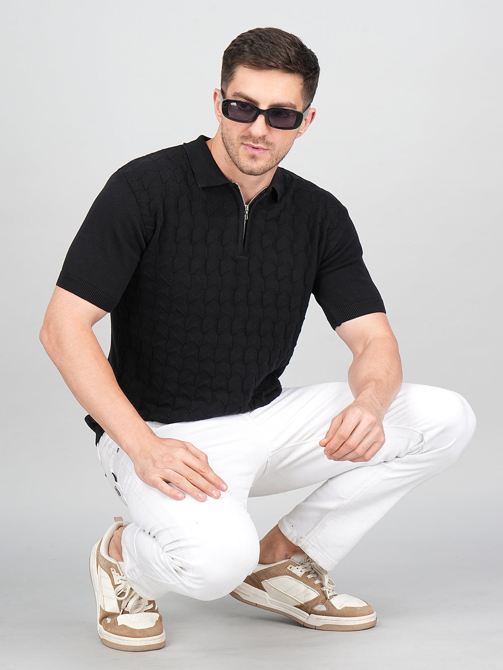 FEVERFEW Men Self Design Polo Neck Pure Cotton T-Shirt