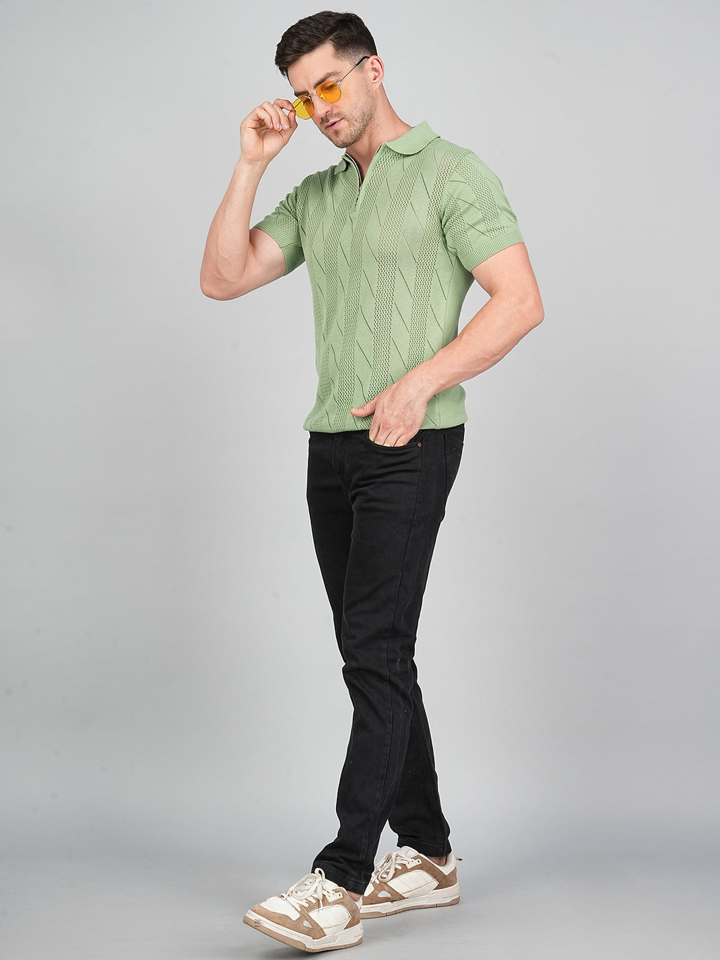 FEVERFEW Men Self Design Polo Neck Pure Cotton T-Shirt