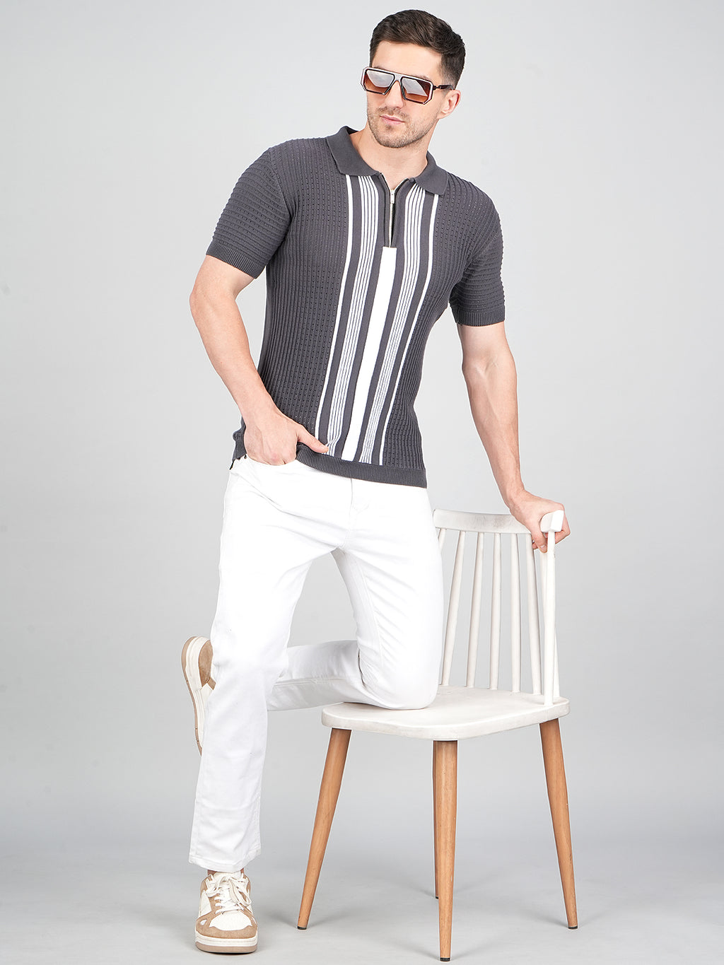 FEVERFEW Men Self Design Polo Neck Pure Cotton T-Shirt