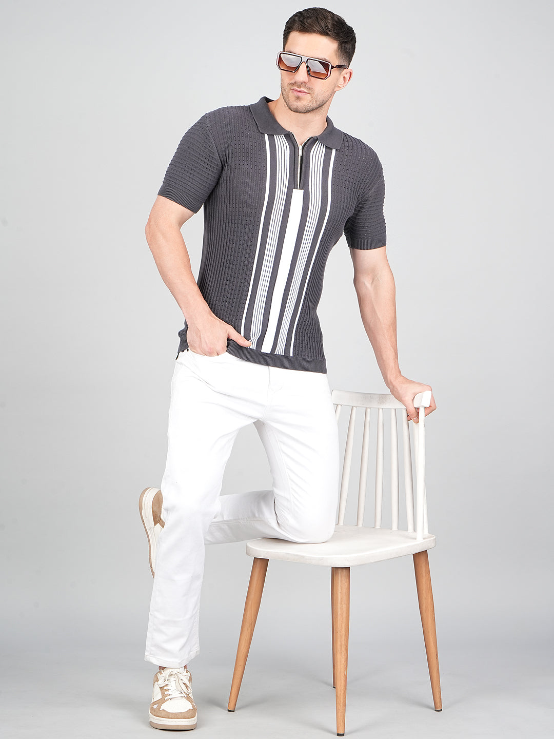 FEVERFEW Men Self Design Polo Neck Pure Cotton T-Shirt