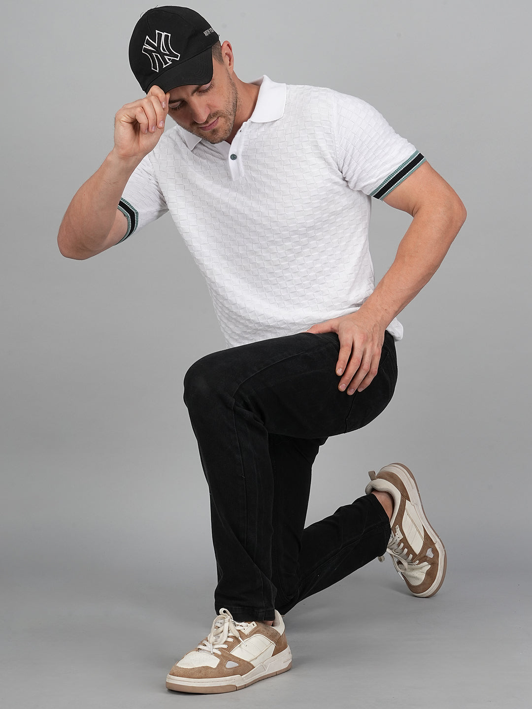 FEVERFEW Men Self Design Polo Neck Pure Cotton T-Shirt