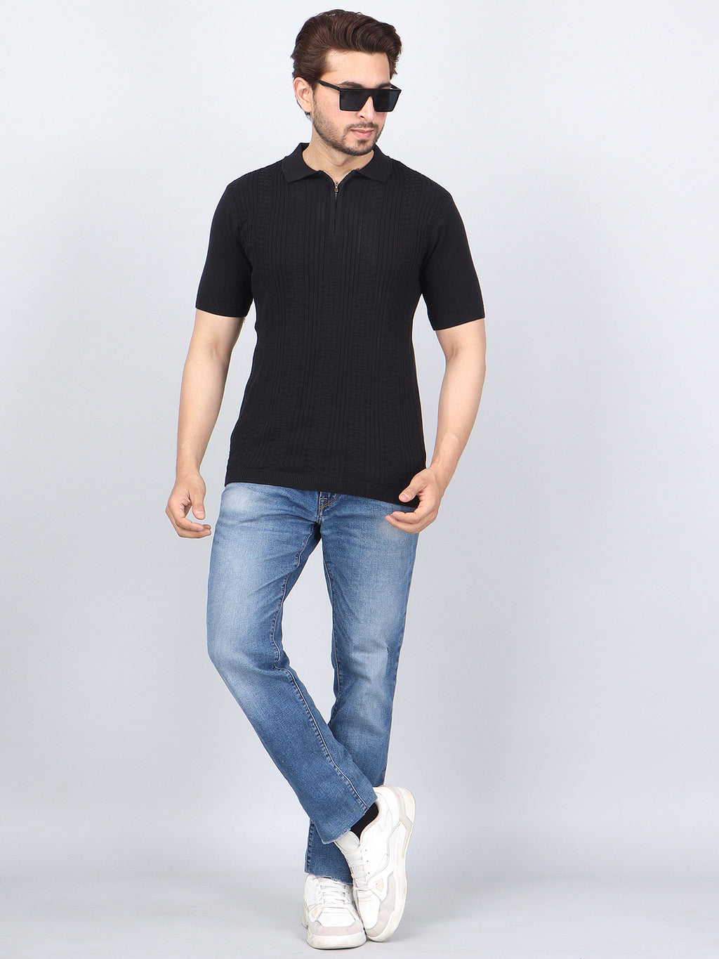 FEVERFEW Men Self Design Polo Neck Pure Cotton T-Shirt
