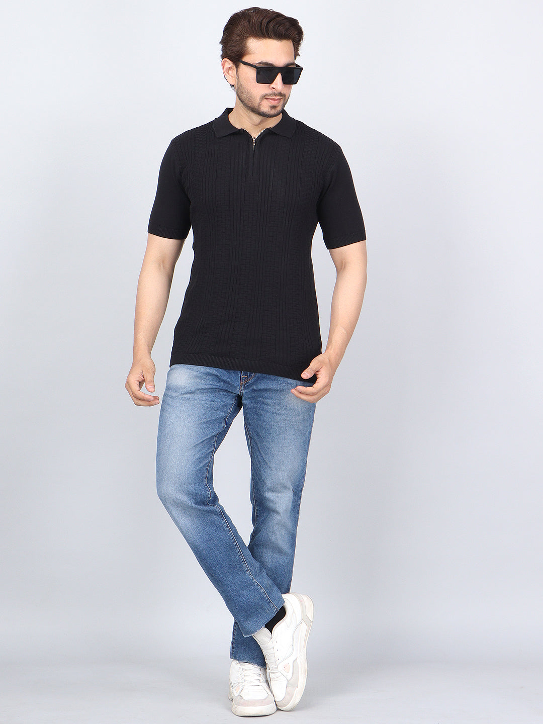 FEVERFEW Men Self Design Polo Neck Pure Cotton T-Shirt