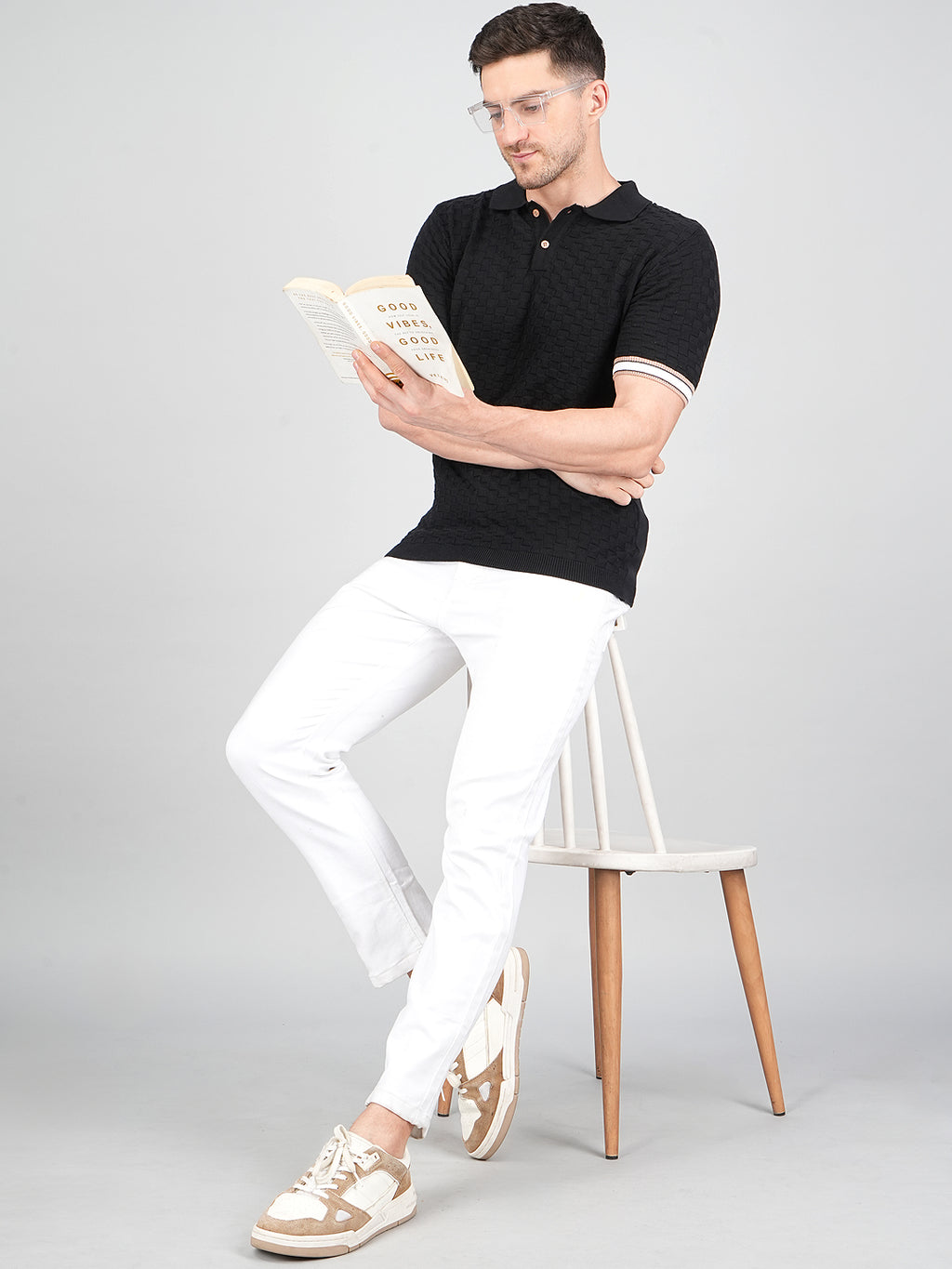 FEVERFEW Men Self Design Polo Neck Pure Cotton T-Shirt
