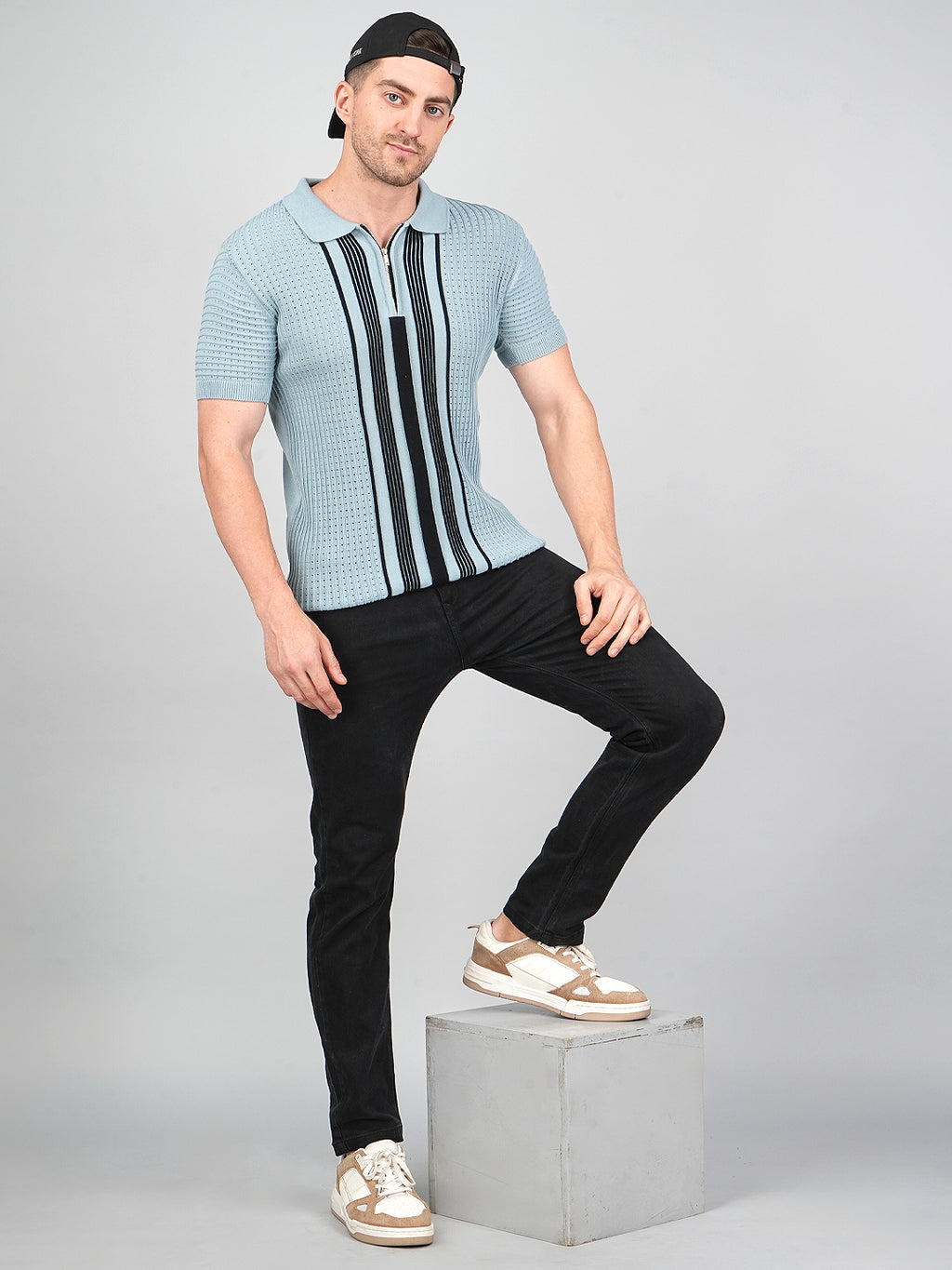 FEVERFEW Men Self Design Polo Neck Pure Cotton T-Shirt