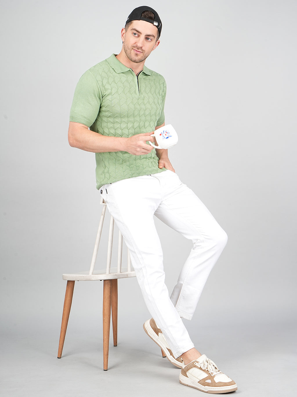 FEVERFEW Men Self Design Polo Neck Pure Cotton T-Shirt
