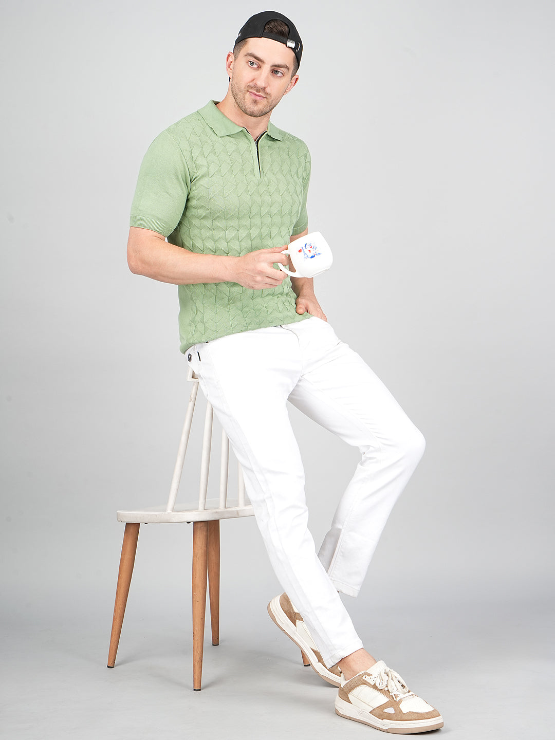 FEVERFEW Men Self Design Polo Neck Pure Cotton T-Shirt