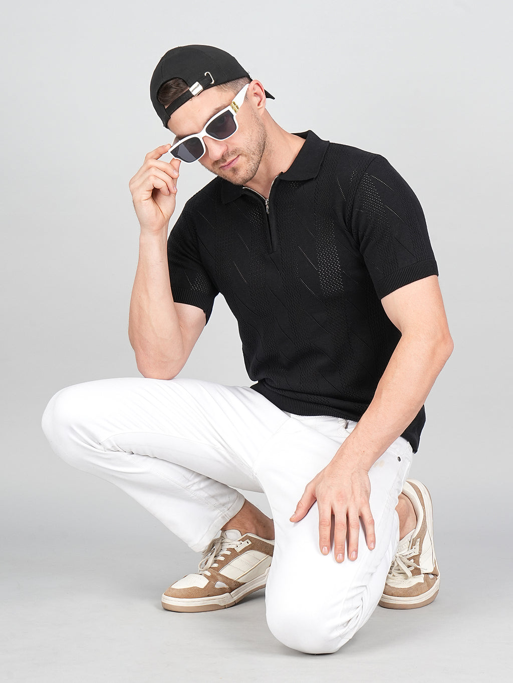 FEVERFEW Men Self Design Polo Neck Pure Cotton T-Shirt