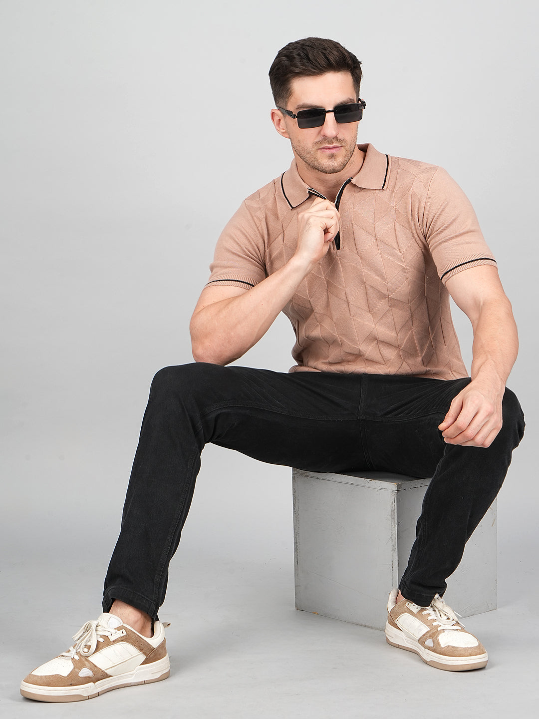 FEVERFEW Men Self Design Polo Neck Pure Cotton T-Shirt