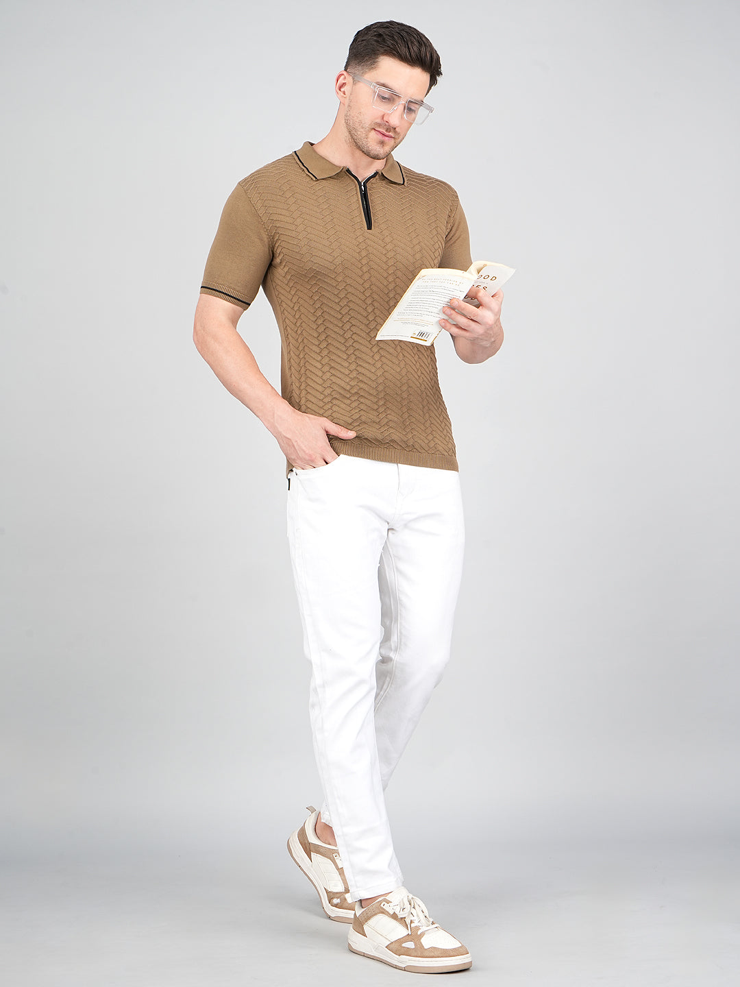FEVERFEW Men Self Design Polo Neck Pure Cotton T-Shirt