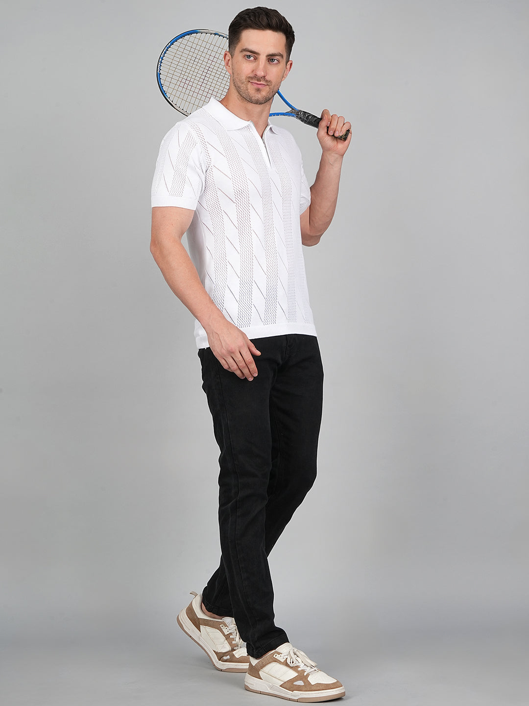 FEVERFEW Men Self Design Polo Neck Pure Cotton T-Shirt