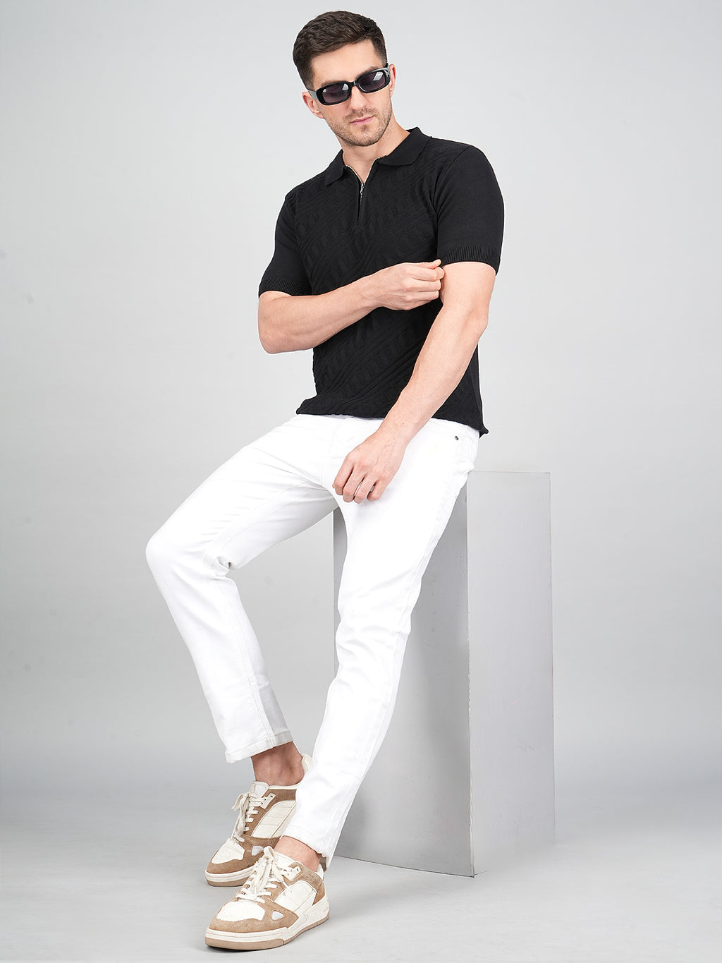 FEVERFEW Men Self Design Polo Neck Pure Cotton T-Shirt