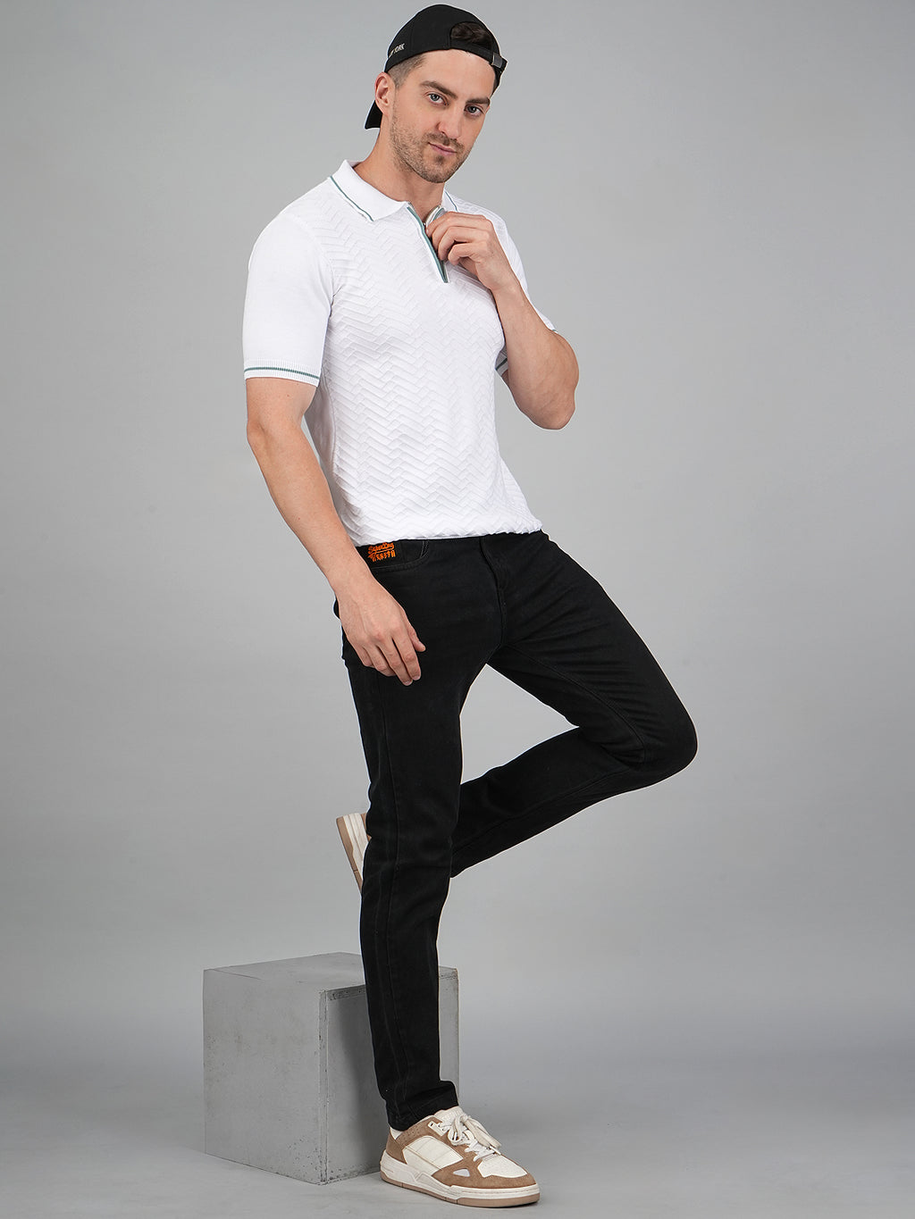 FEVERFEW Men Self Design Polo Neck Pure Cotton T-Shirt