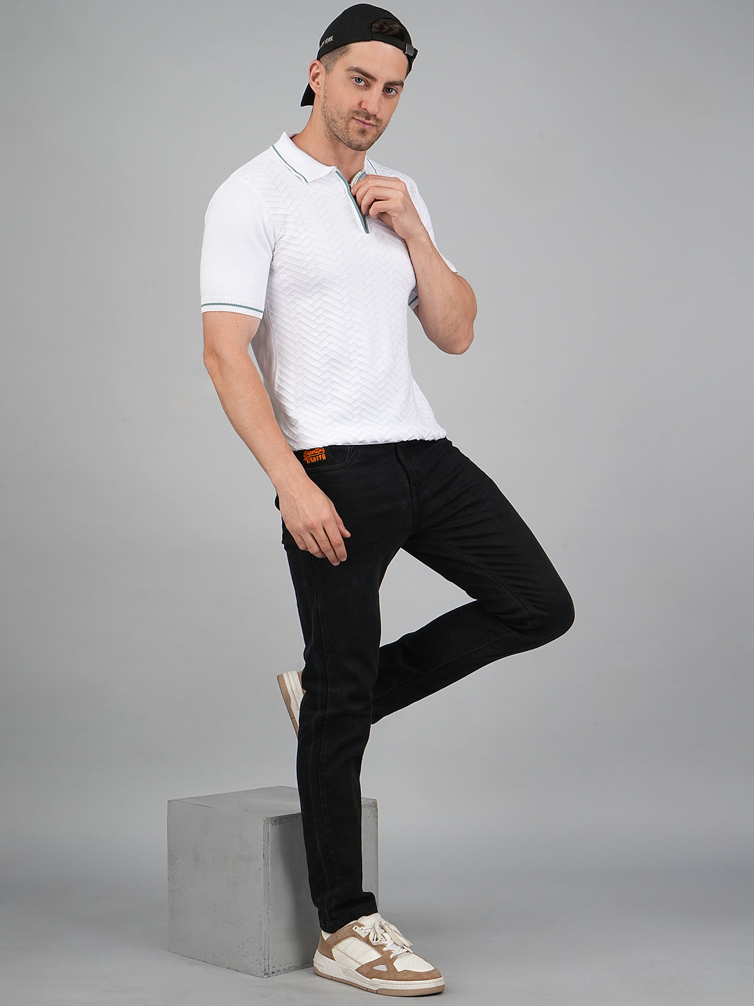 FEVERFEW Men Self Design Polo Neck Pure Cotton T-Shirt