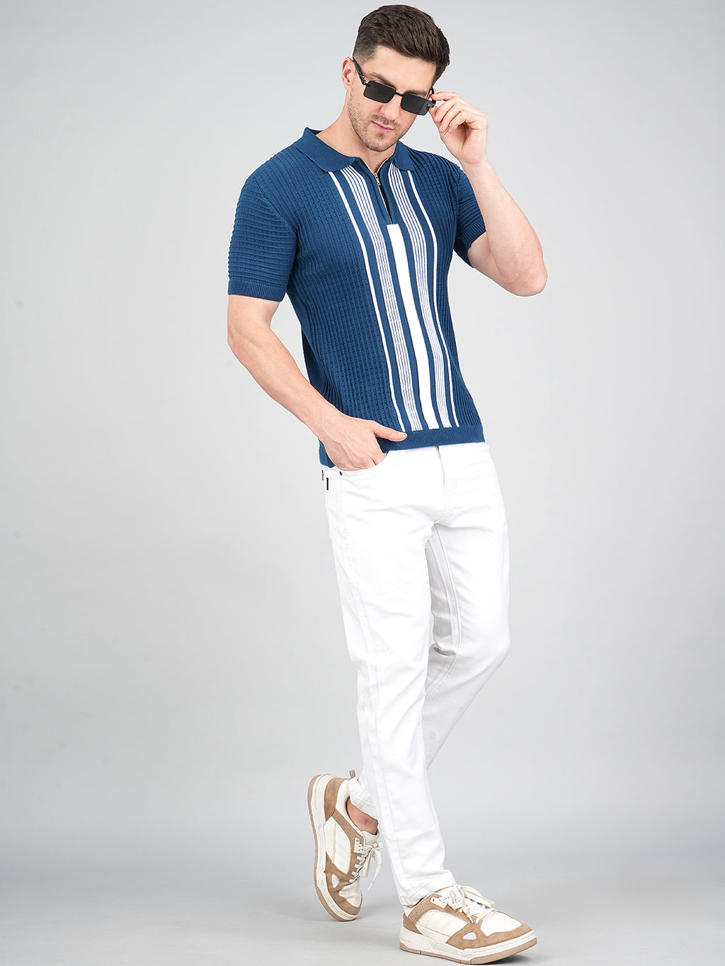 FEVERFEW Men Self Design Polo Neck Pure Cotton T-Shirt
