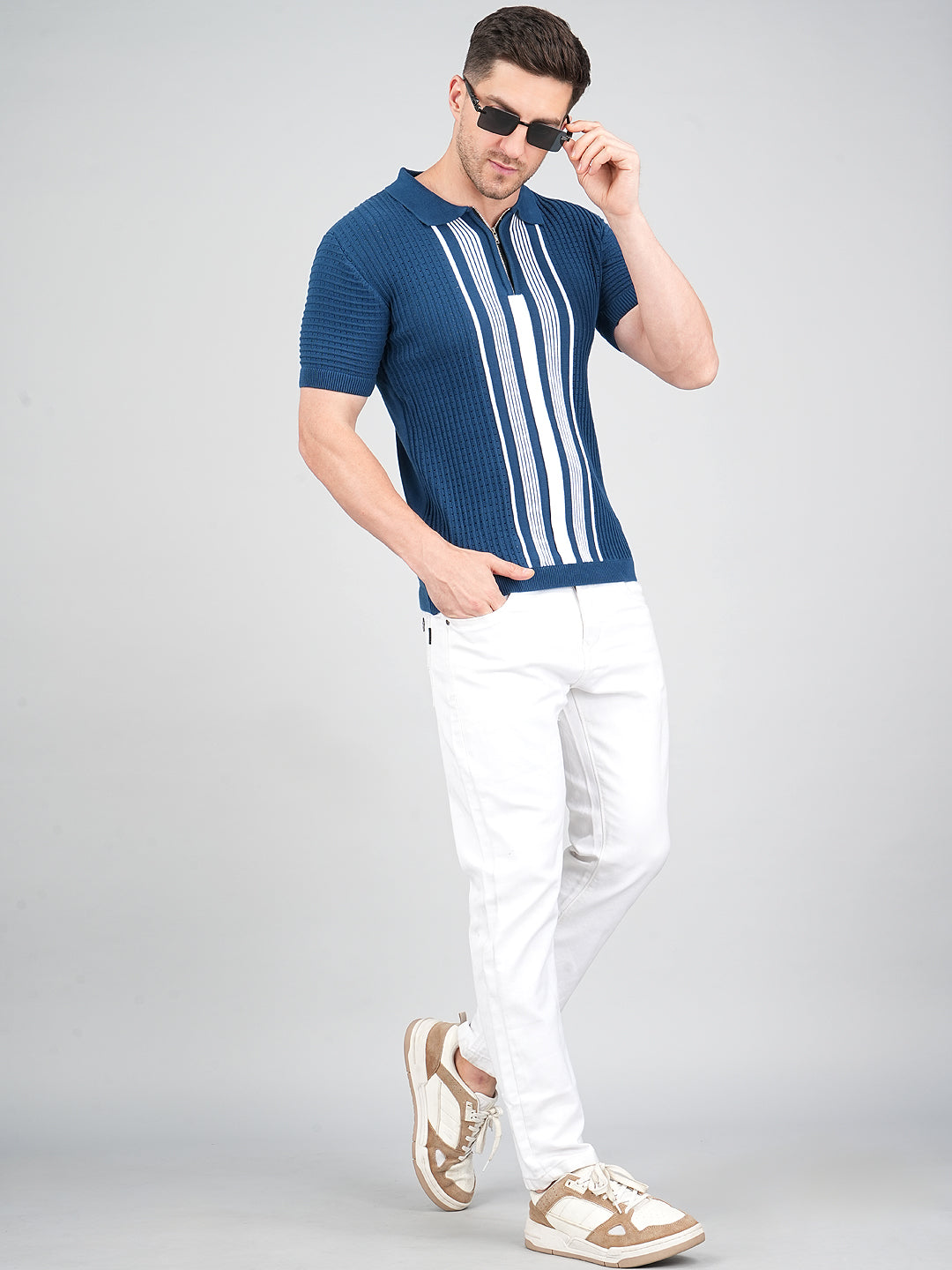 FEVERFEW Men Self Design Polo Neck Pure Cotton T-Shirt