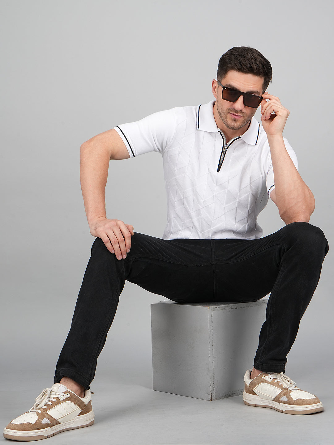 FEVERFEW Men Self Design Polo Neck Pure Cotton T-Shirt