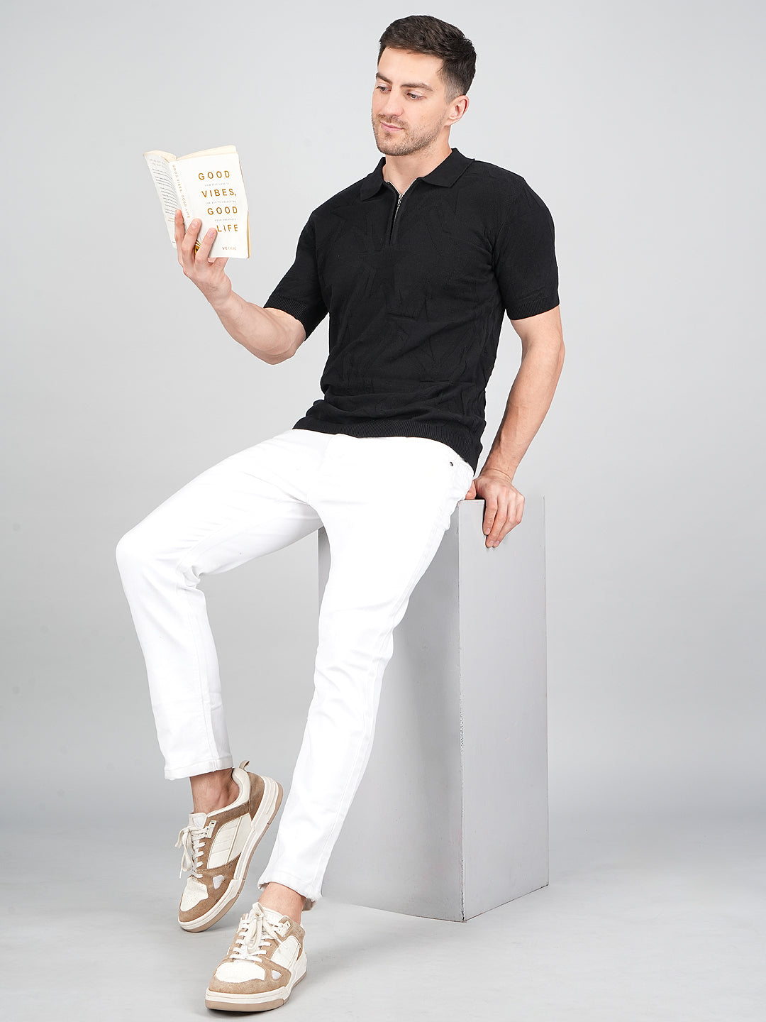 FEVERFEW Men Self Design Polo Neck Pure Cotton T-Shirt