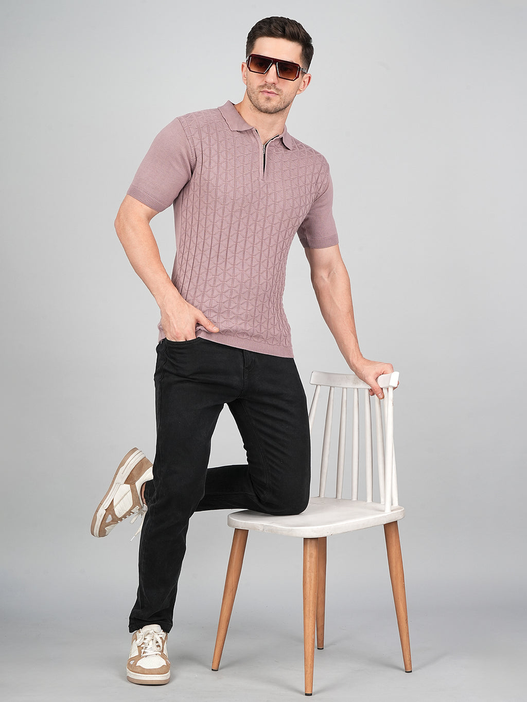 FEVERFEW Men Self Design Polo Neck Pure Cotton T-Shirt