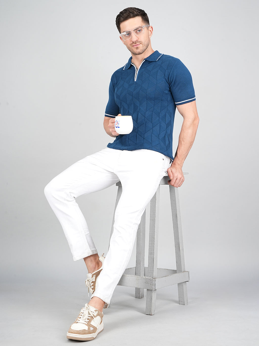 FEVERFEW Men Self Design Polo Neck Pure Cotton T-Shirt