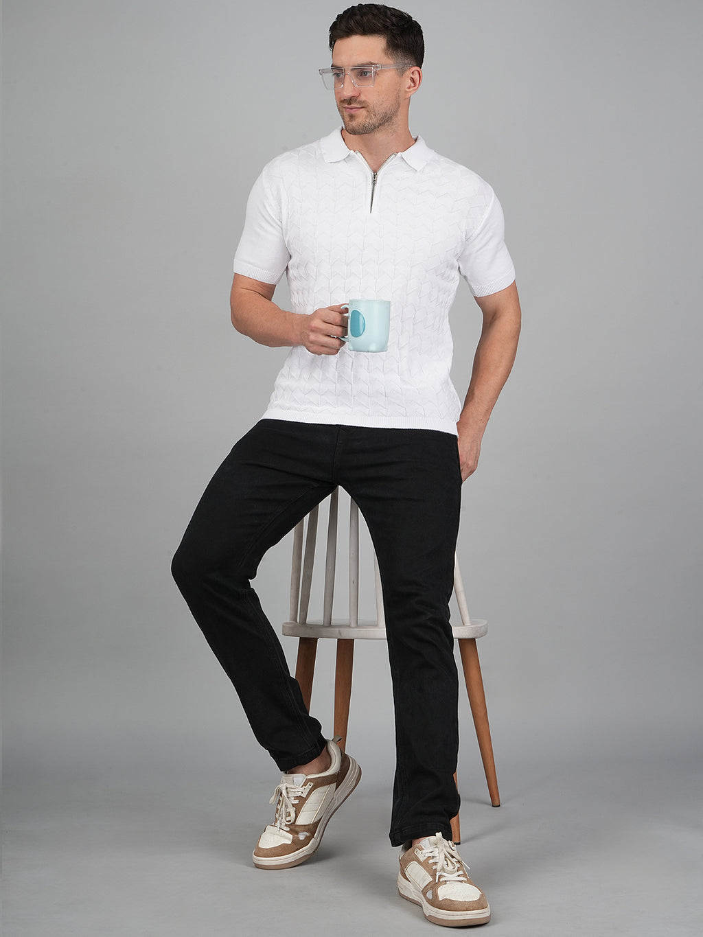 FEVERFEW Men Self Design Polo Neck Pure Cotton T-Shirt