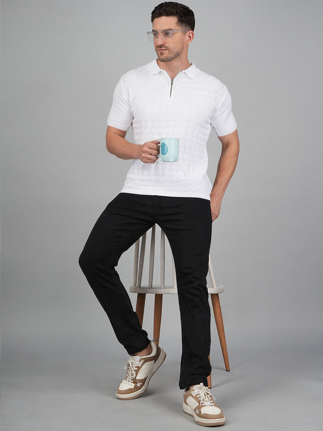 FEVERFEW Men Self Design Polo Neck Pure Cotton T-Shirt