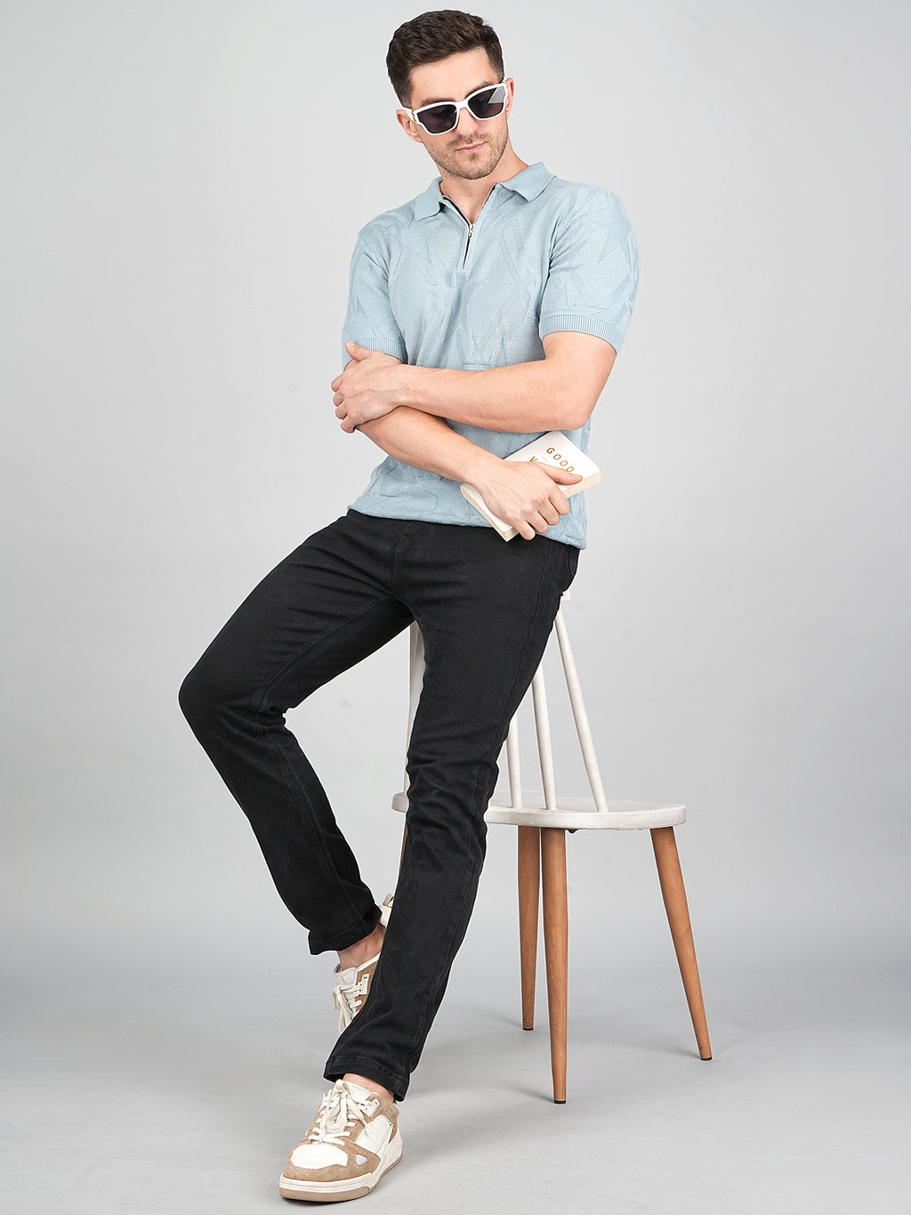 FEVERFEW Men Self Design Polo Neck Pure Cotton T-Shirt