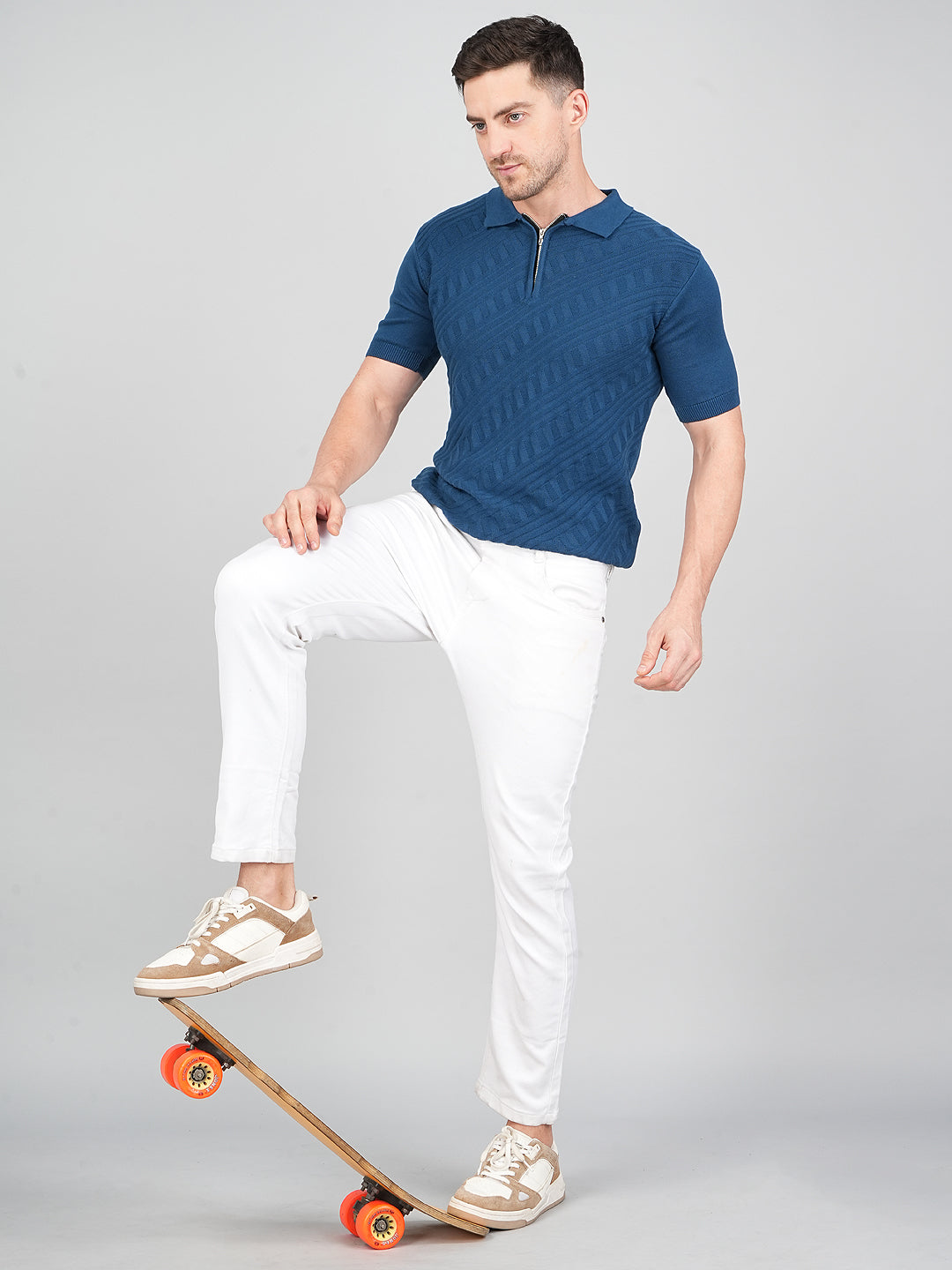 FEVERFEW Men Self Design Polo Neck Pure Cotton T-Shirt