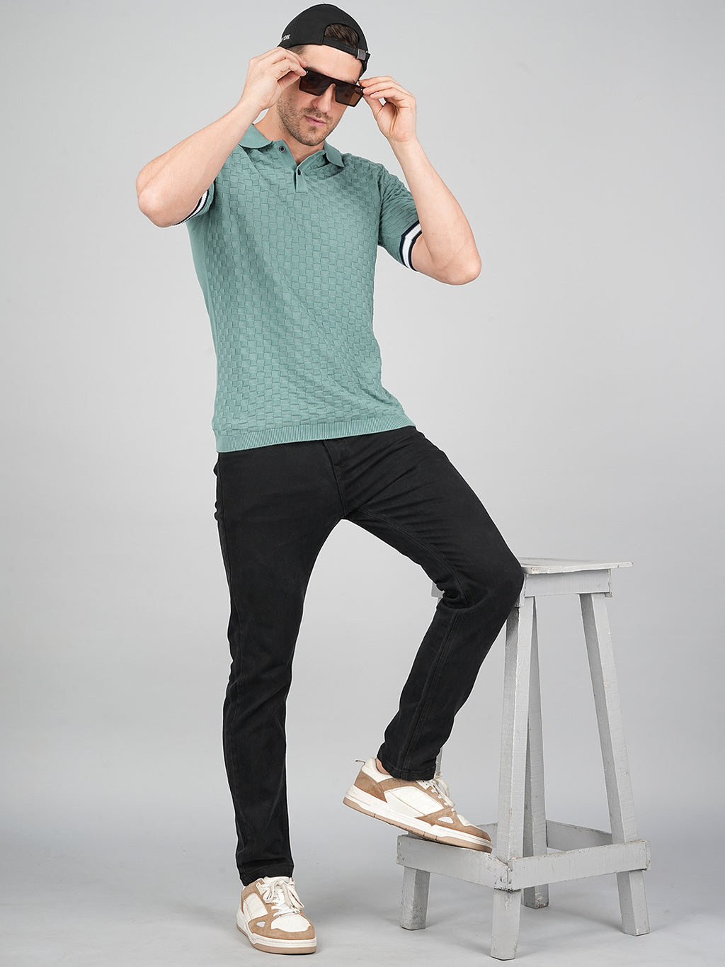 FEVERFEW Men Self Design Polo Neck Pure Cotton T-Shirt