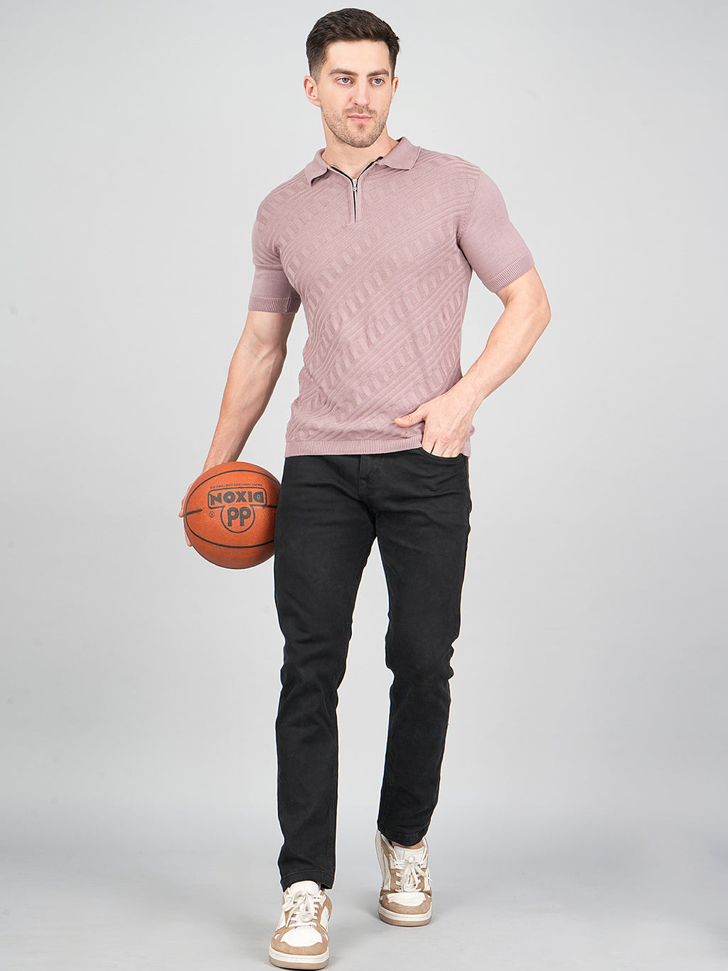 FEVERFEW Men Self Design Polo Neck Pure Cotton T-Shirt