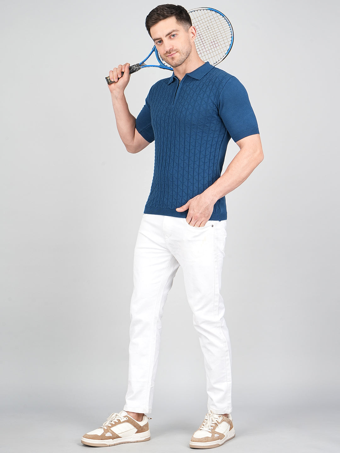 FEVERFEW Men Self Design Polo Neck Pure Cotton T-Shirt