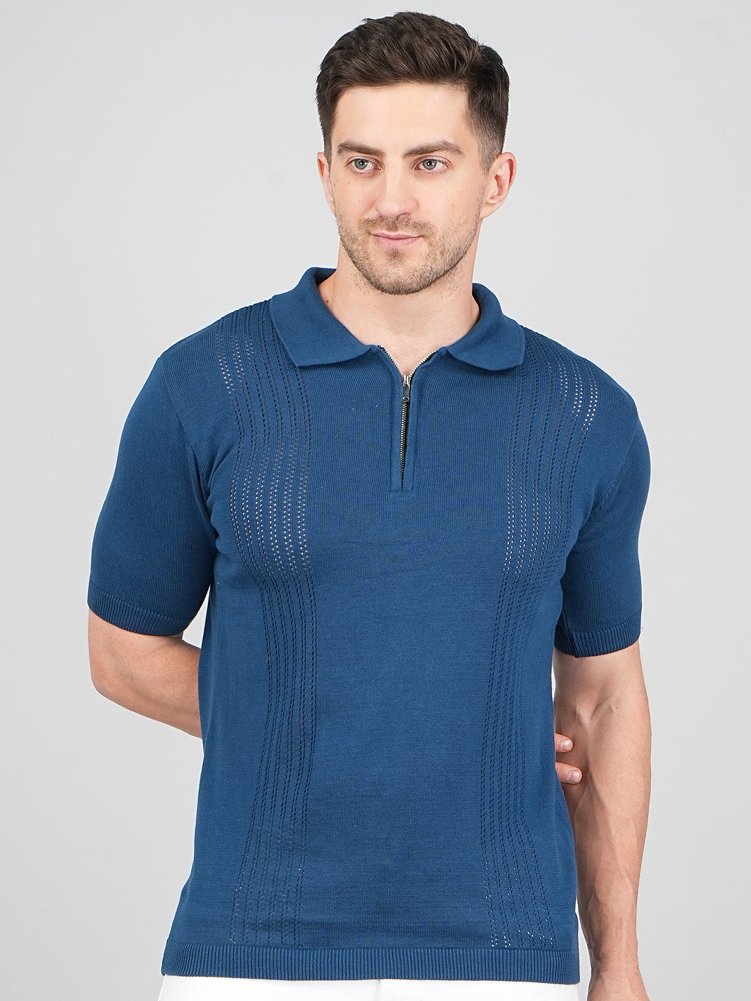 FEVERFEW Men Self Design Polo Neck Pure Cotton T-Shirt