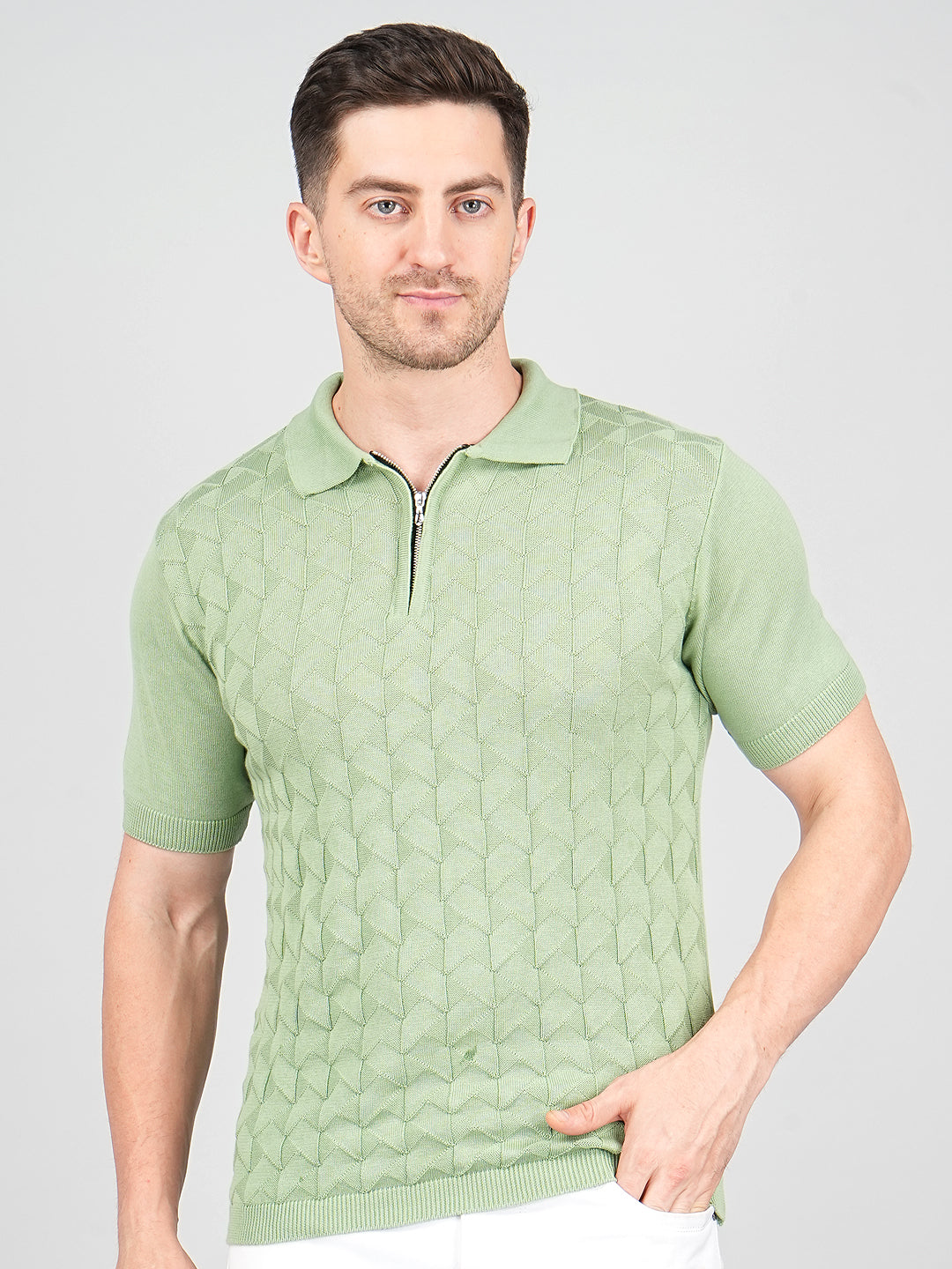 FEVERFEW Men Self Design Polo Neck Pure Cotton T-Shirt