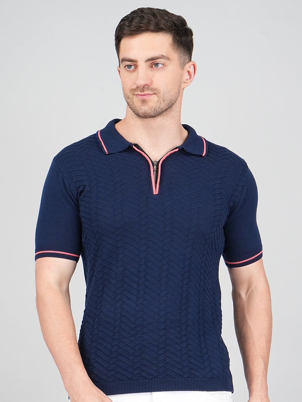 FEVERFEW Men Self Design Polo Neck Pure Cotton T-Shirt