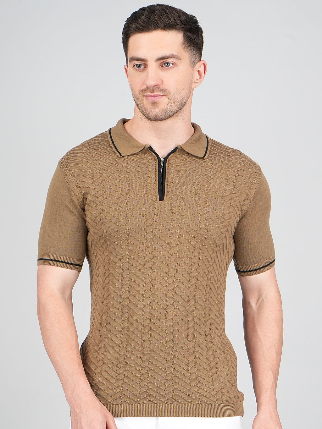 FEVERFEW Men Self Design Polo Neck Pure Cotton T-Shirt
