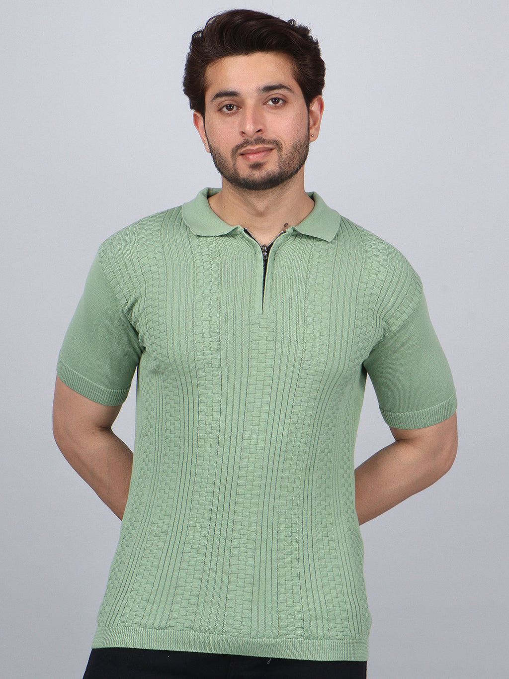 FEVERFEW Men Self Design Polo Neck Pure Cotton T-Shirt