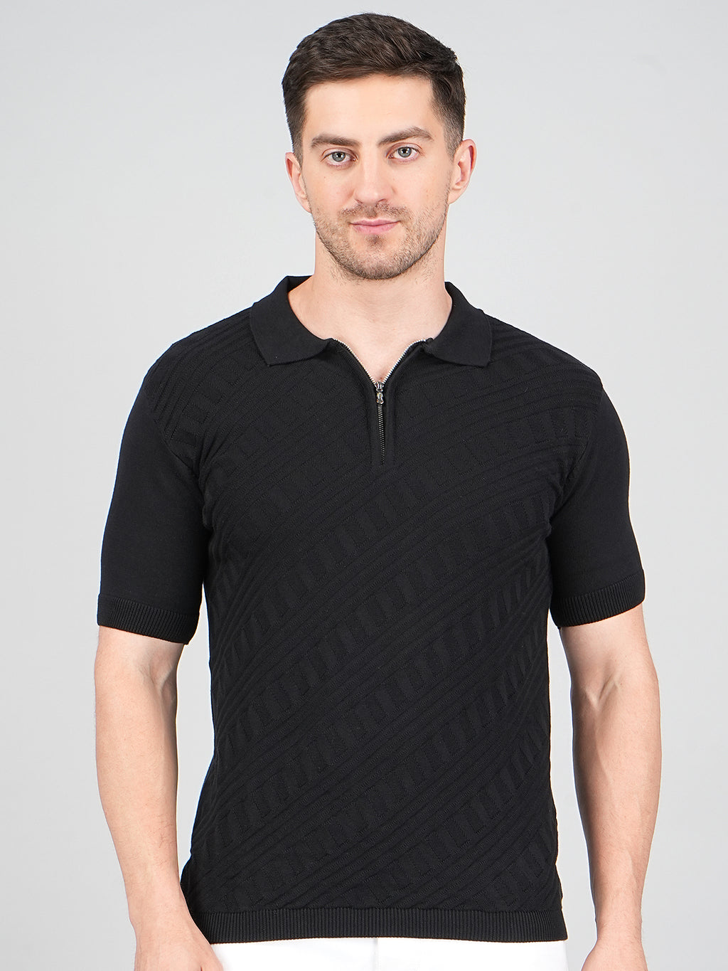 FEVERFEW Men Self Design Polo Neck Pure Cotton T-Shirt