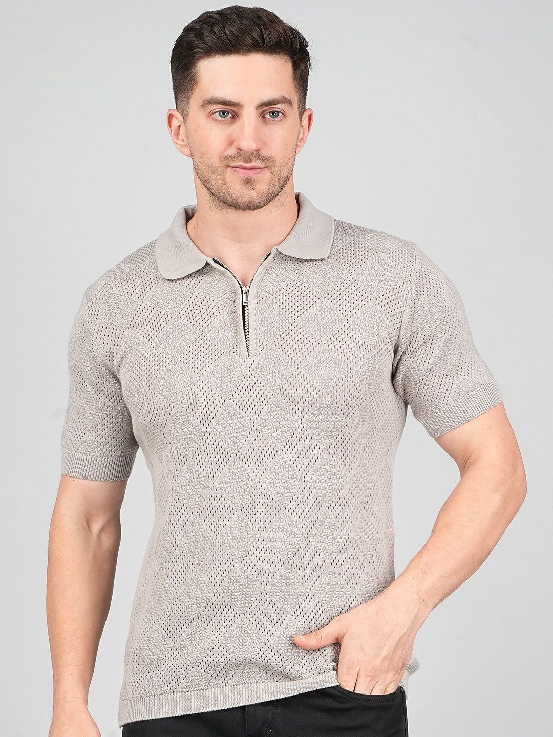 FEVERFEW Men Self Design Polo Neck Pure Cotton T-Shirt