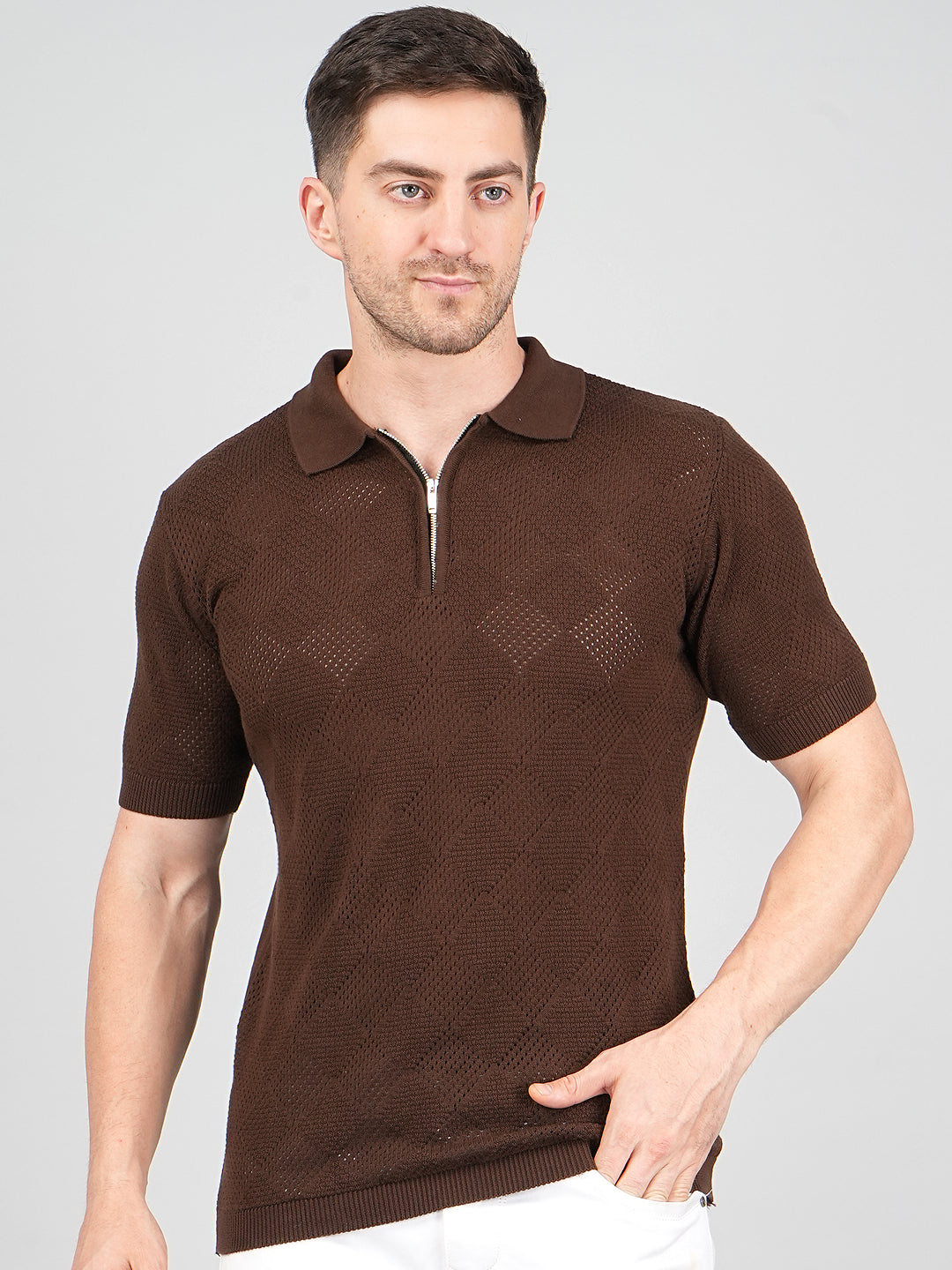 FEVERFEW Men Self Design Polo Neck Pure Cotton T-Shirt
