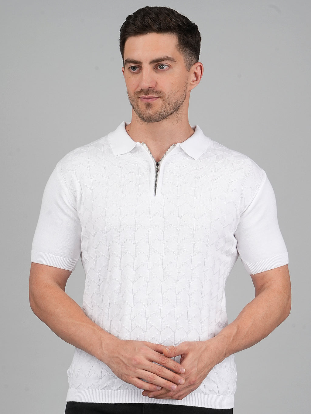 FEVERFEW Men Self Design Polo Neck Pure Cotton T-Shirt