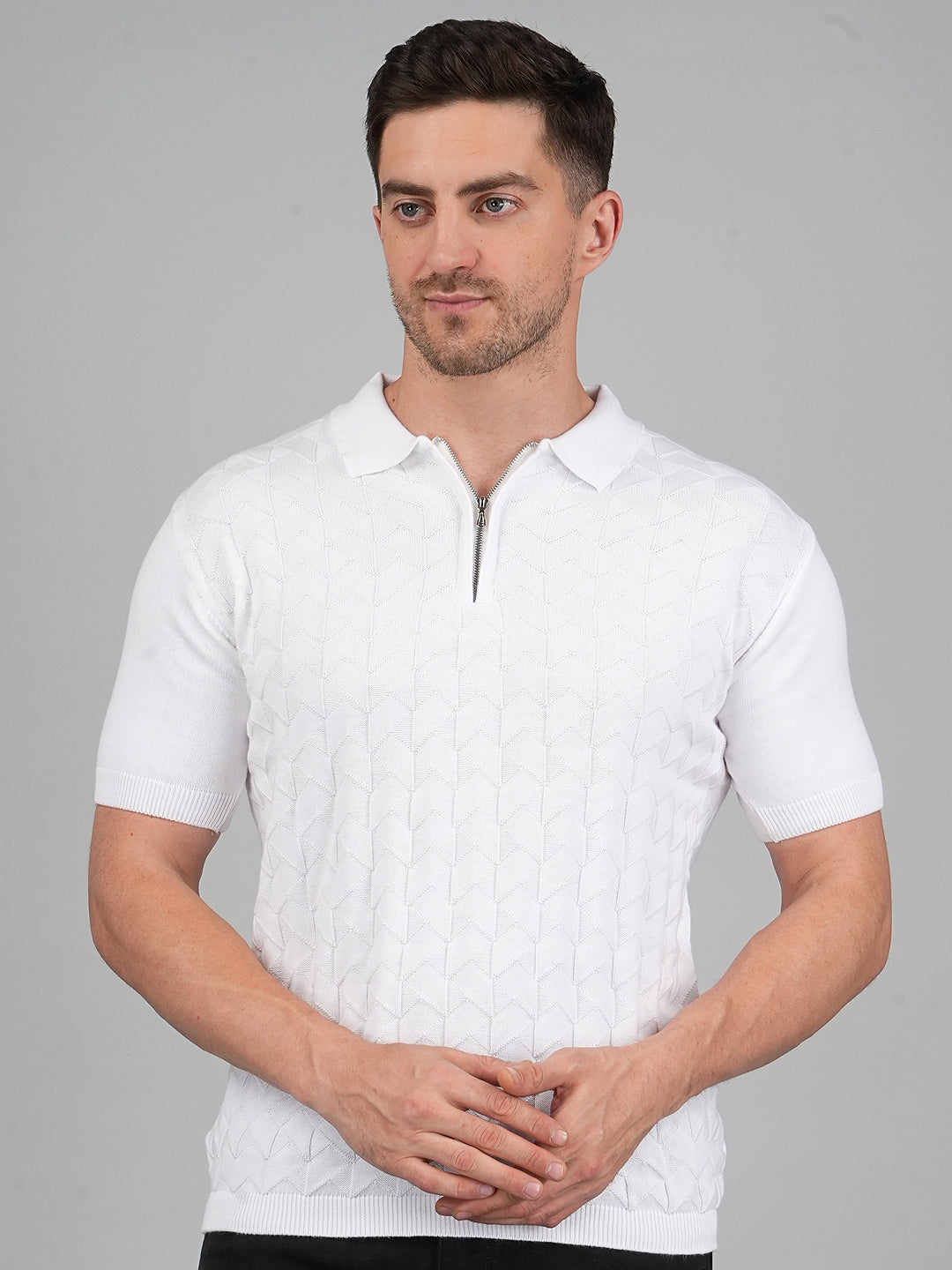 FEVERFEW Men Self Design Polo Neck Pure Cotton T-Shirt